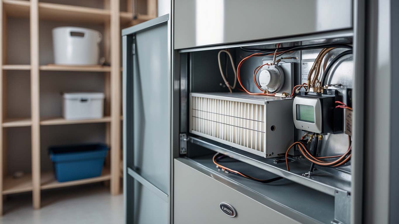 Close-up of a well-maintained furnace unit, illustrating key components for troubleshooting and efficient heating solutions.