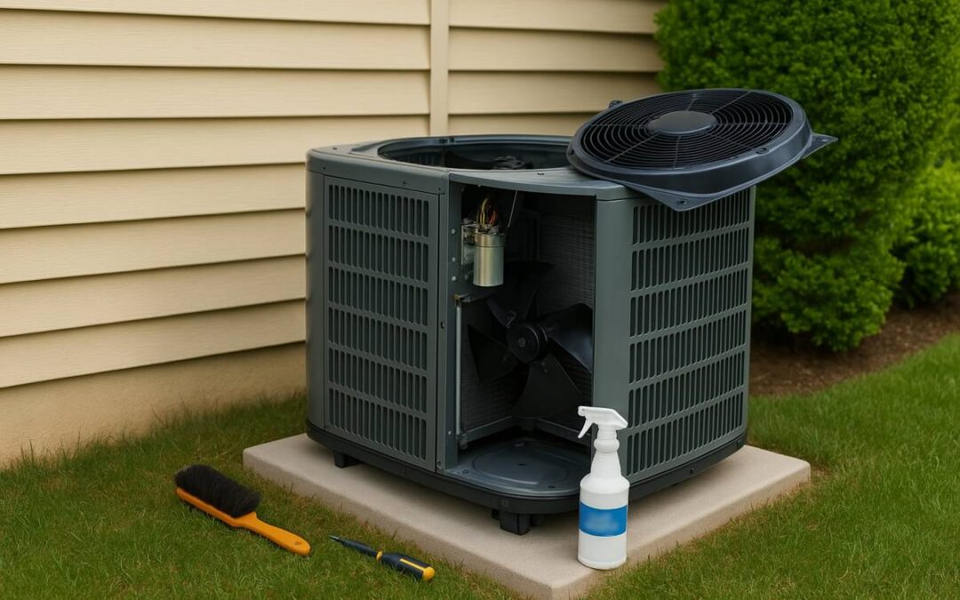 AC maintenance underway in Loomis, CA showing an outdoor condenser unit with cleaning tools and service checklist nearby.