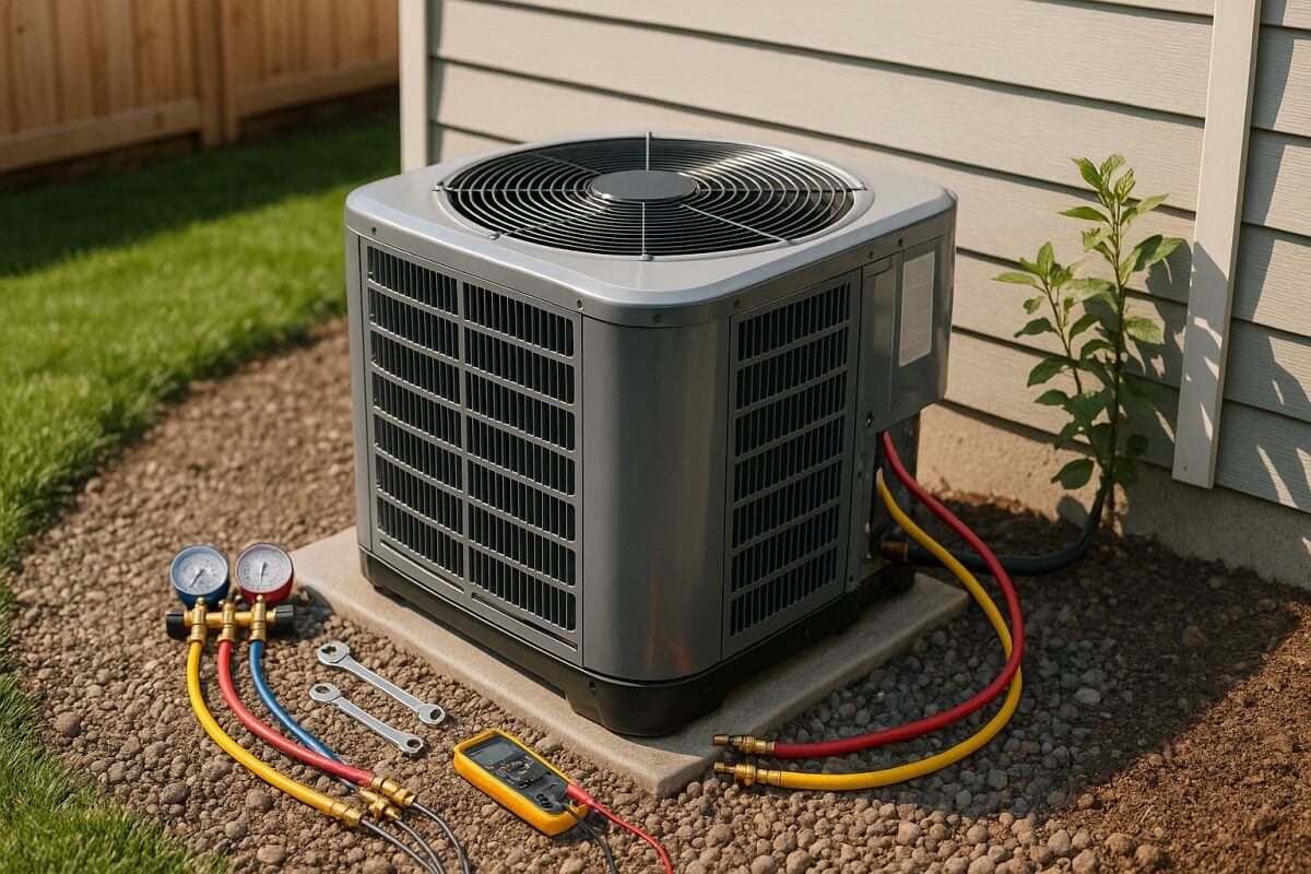 American Energy Heat & Air offers fast and reliable AC repair services throughout Loomis, Sacramento, Folsom, and surrounding areas. This image shows a modern residential air conditioning unit under repair with professional tools nearby, representing our trusted, licensed technicians (License #1083187) ready to restore home comfort anytime.