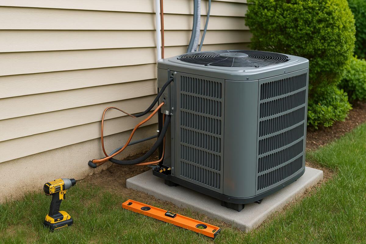 American Energy Heat & Air provides expert AC replacement services in Folsom, CA. This image showcases a new residential air conditioning unit being installed with professional HVAC tools nearby, symbolizing trusted service, energy efficiency, and quality craftsmanship.