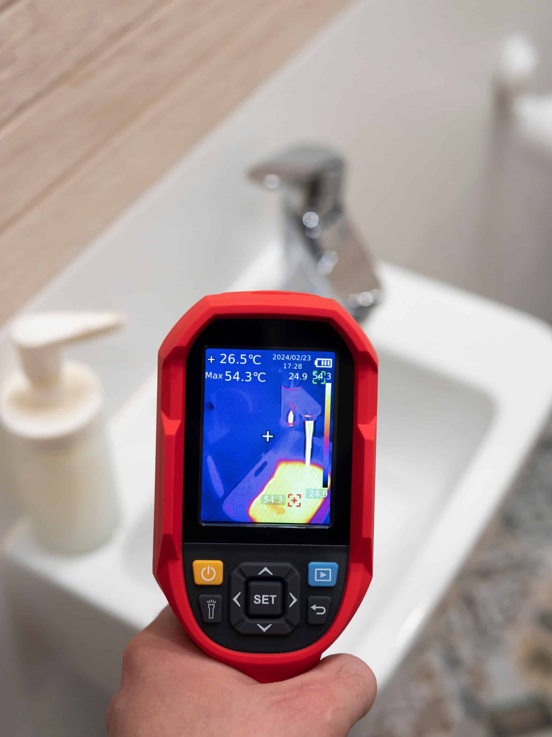 Plumber using thermal imaging camera to detect hidden water leaks near bathroom sink