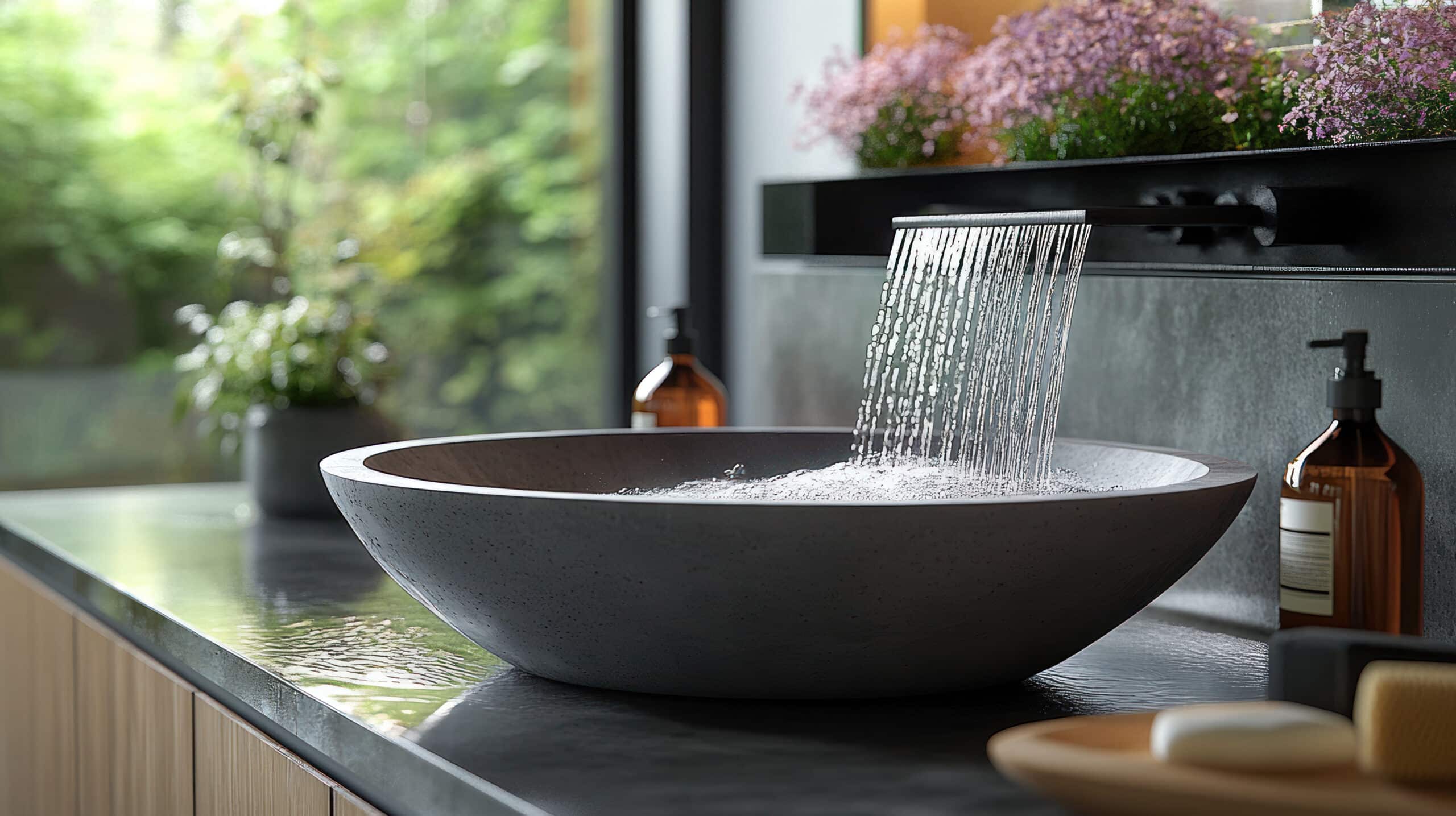Modern bathroom sink with waterfall faucet professionally installed