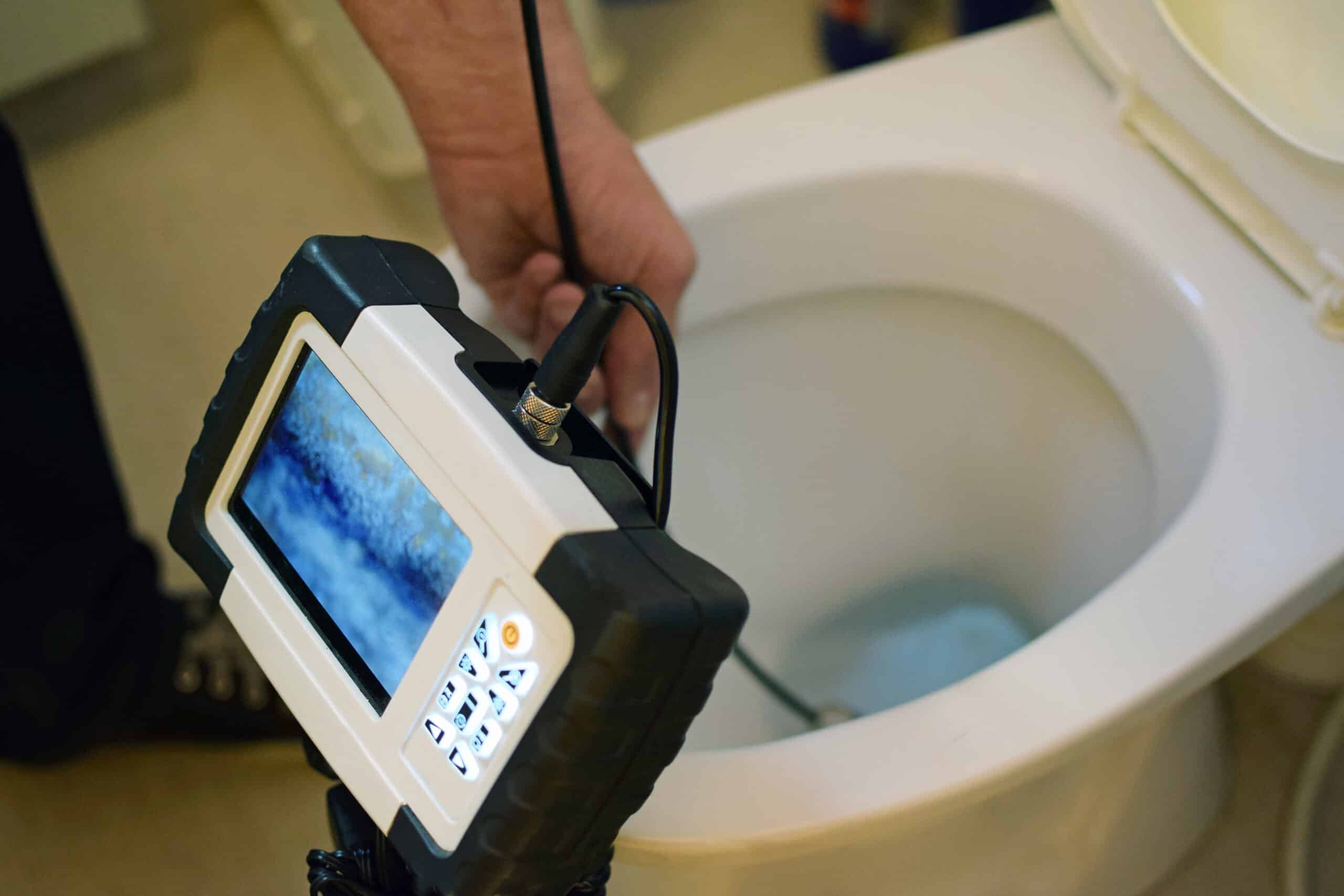 Plumber performing sewer line camera inspection with live video feed