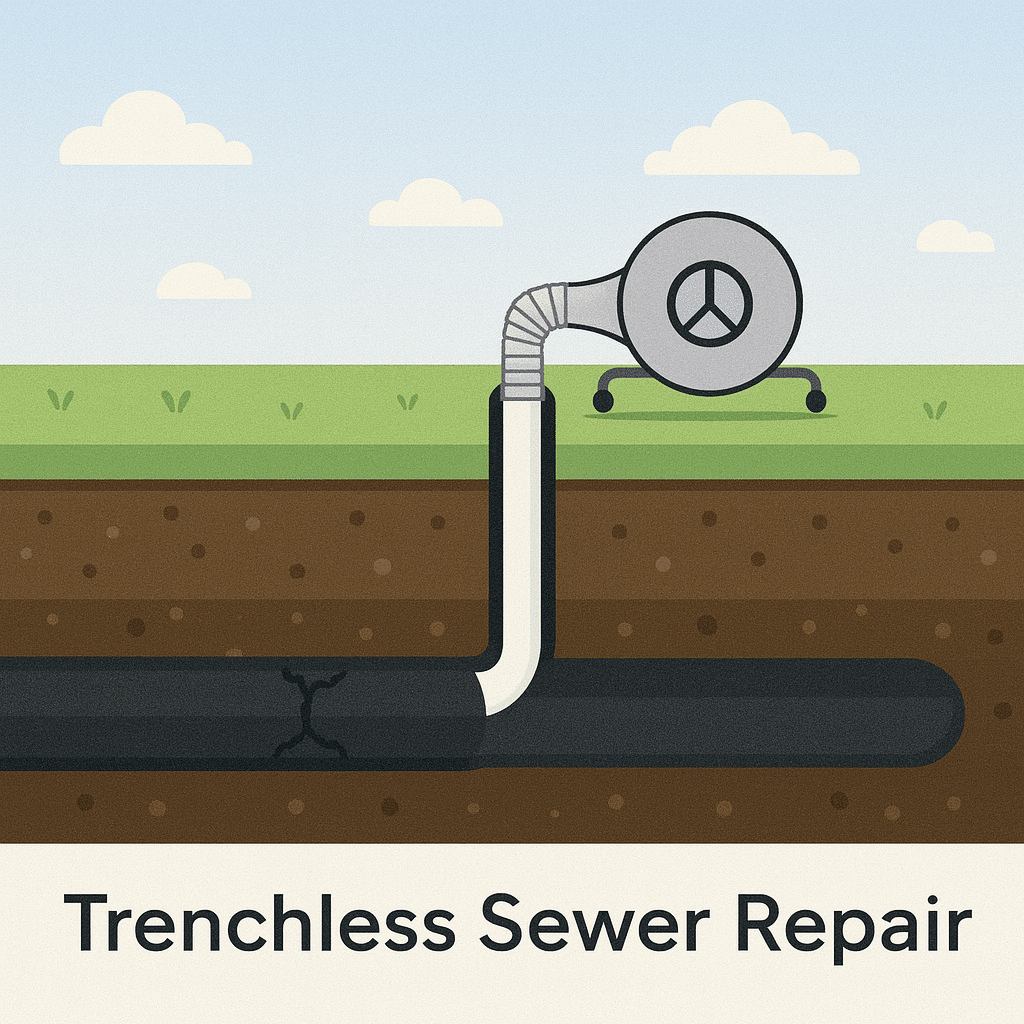 Cross-section illustration showing trenchless sewer repair with a new white pipe liner being installed inside an old black pipe underground.
