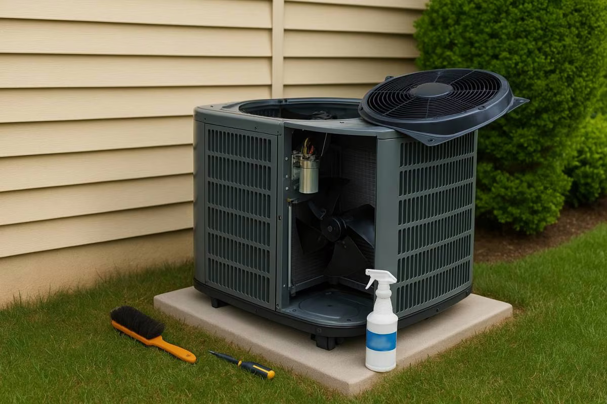 Air conditioner opened for coil cleaning with tools laid out in Loomis, CA