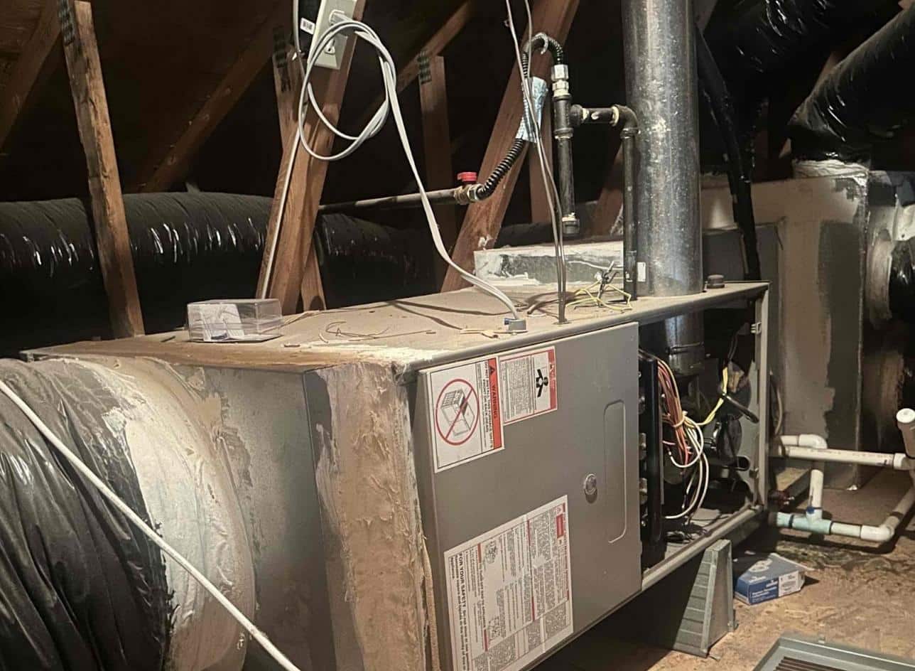 Attic furnace with insulated flex duct runs