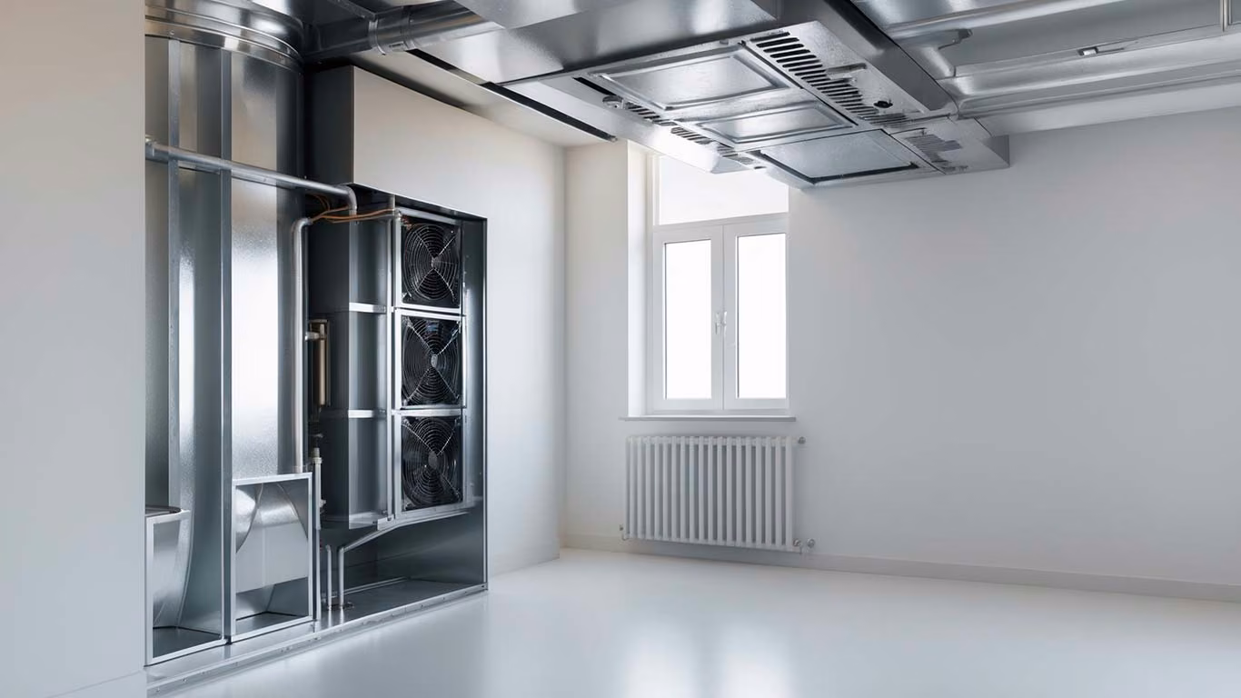 Exposed metal ductwork and a radiator in an empty commercial room