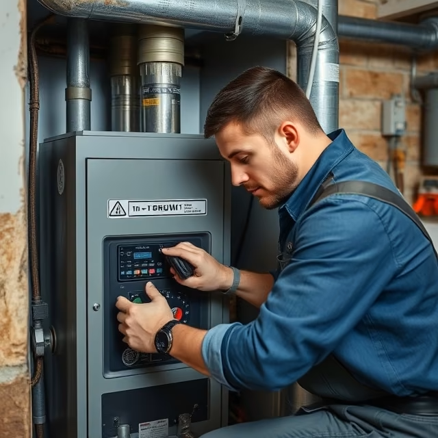 Technician adjusting controls on a furnace control panel during a service call